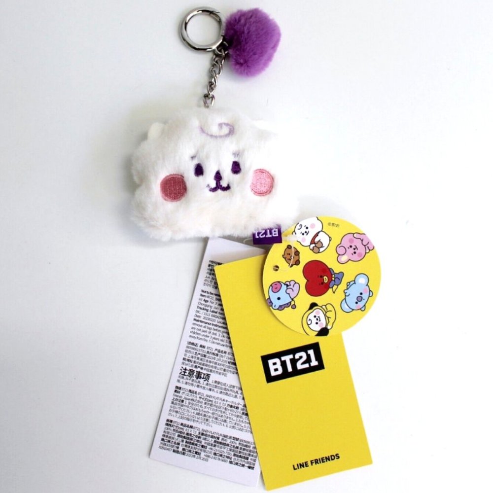 BT21 BTS Baby RJ Flat Fur Face Doll Plush Bag Charm Keyring Purple Heart Edition